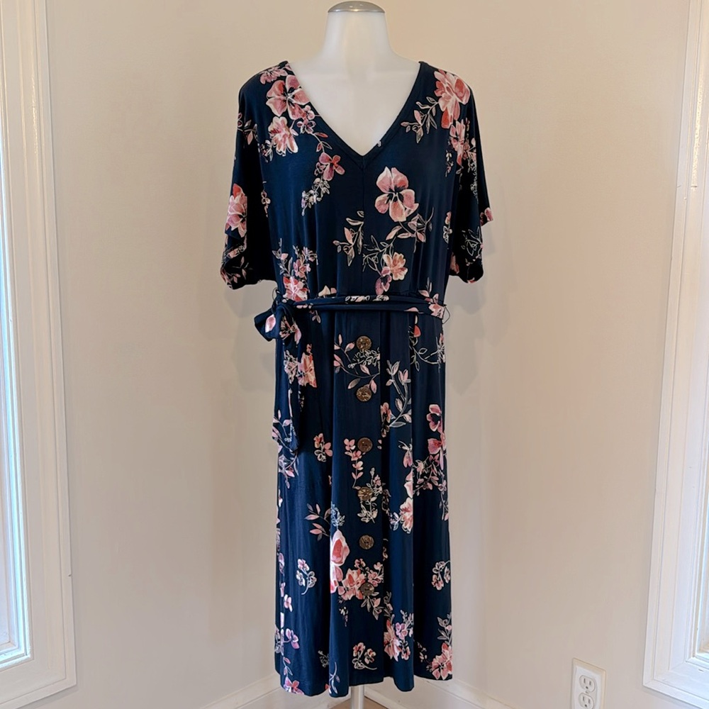 J.Jill Womens NWOT Navy Blue Pink Floral Stretchy Midi Casual Dress Sz M Petite